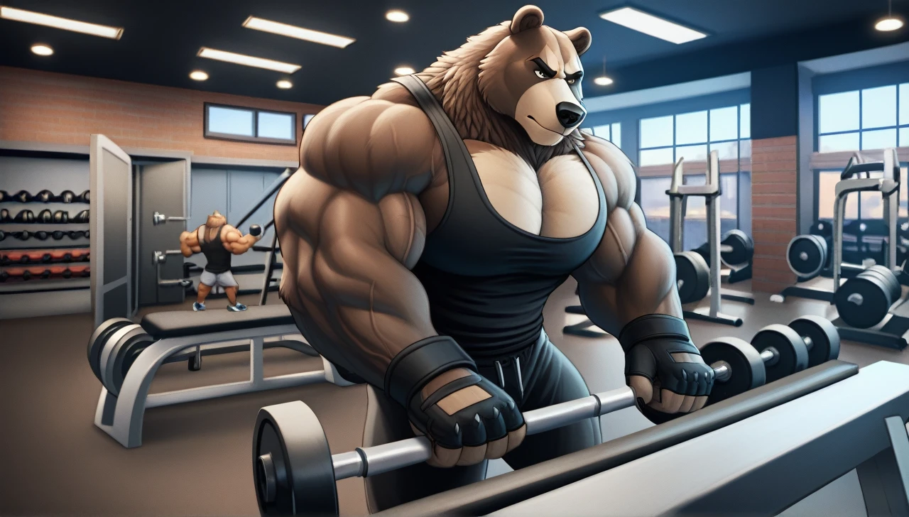 Solo, Grizzly Bear, Huge muscular bodybuilder, black tank top, black gym shoes, pumping iron, (super strong, muscular and pumped) (duo:1.1) (looking at the viewers, serious expression baby)