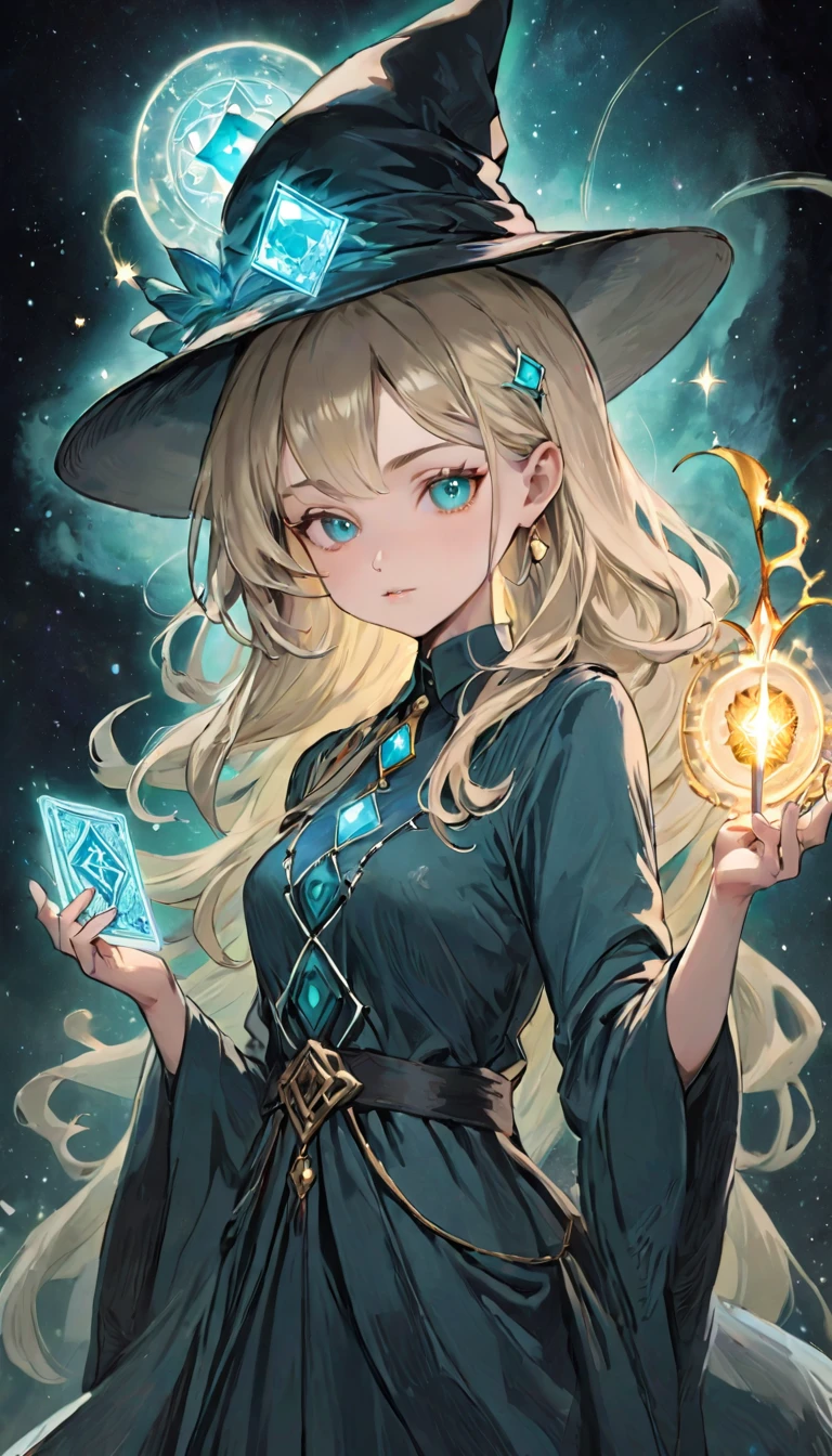 White shirt、Realistic textured skin、Ash Blonde、1 strand of hair、Side Tail、Turquoise Eyes、16 years old、tarot card divination:1.37、Close-up of a woman in dress and hat holding tarot cards:1.37, Beautiful Celestial Magician, portrait of a Female Wizard, Female Wizard, Mechanized Witch&#39;s Little Wizard!, Female Wizard, dark witch character, magician magic witch, Black-haired wizard, Dark Sorceress Full View, Astral Witch Outfit, Dark magician full body pose、