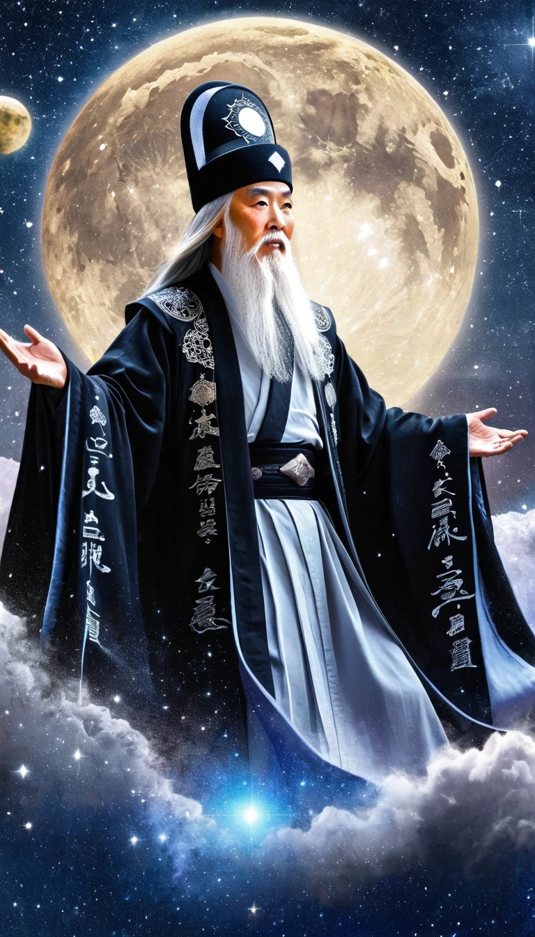 Oriental Fortune Teller，The old immortal on the top of the stars，Elders，White beard and long white eyebrows，（Wear an official hat，Kongming Hat），Black loose hanfu robe，Looking at the stars，Galaxy Tai Chi Bagua Diagram，artistic conception，large quantities of，Runes，Luminescence，Dream
