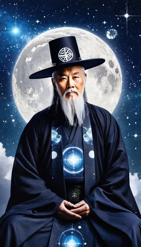 oriental fortune teller，the old immortal on the top of the stars，elders，white beard and long white eyebrows，（wear an official ha...