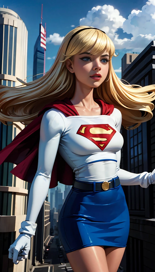 (cowboy shot), sfw, (work of art), (best qualityer:1.0), (ultra high resolution:1.0), detailedeyes,
BREAK Supergirl, 1 girl, long blonde hair, mid-air, flying hair band, \(offwhite\) top cut, manga curta, layer, blue pencil skirt, mitts, BREAK boots
(clouds, citys, stunning vista)