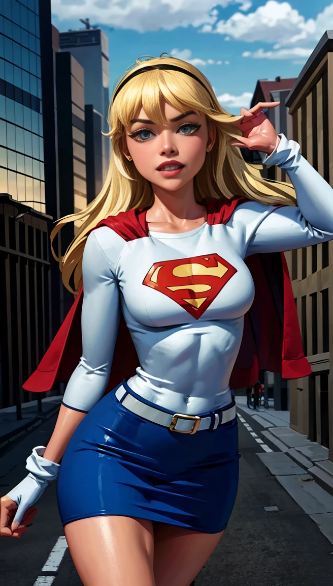 (cowboy shot), sfw, (work of art), (best qualityer:1.0), (ultra high resolution:1.0), detailedeyes,
BREAK Supergirl, 1 girl, long blonde hair, mid-air, flying hair band, \(offwhite\) top cut, manga curta, layer, blue pencil skirt, mitts, BREAK boots
(clouds, citys, stunning vista)