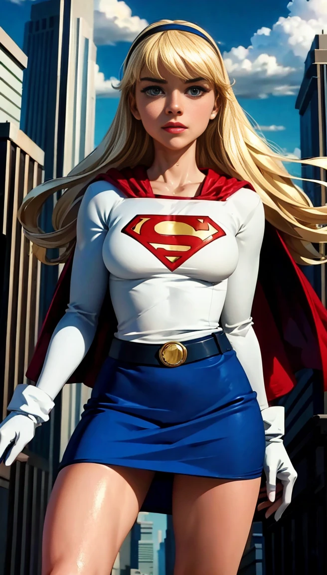 (cowboy shot), sfw, (work of art), (best qualityer:1.0), (ultra high resolution:1.0), detailedeyes,
BREAK Supergirl, 1 girl, long blonde hair, mid-air, flying hair band, \(offwhite\) top cut, manga curta, layer, blue pencil skirt, mitts, BREAK boots
(clouds, citys, stunning vista)