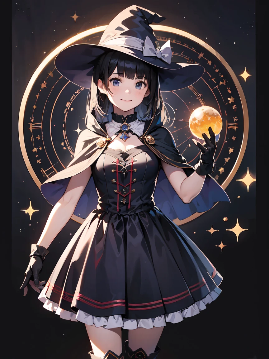 (masterpiece, Highest quality:1.1), (astrologer), upper body, 1 Girl, alone, witch hat, gloves, dress, (Long skirt)、Frills, boots, Cape,  witch, Blunt bangs, Black Hair, Crystal Ball, magic circle, Shining Star, meteor, universe, magical energy, Vision of the future, Prophecy,