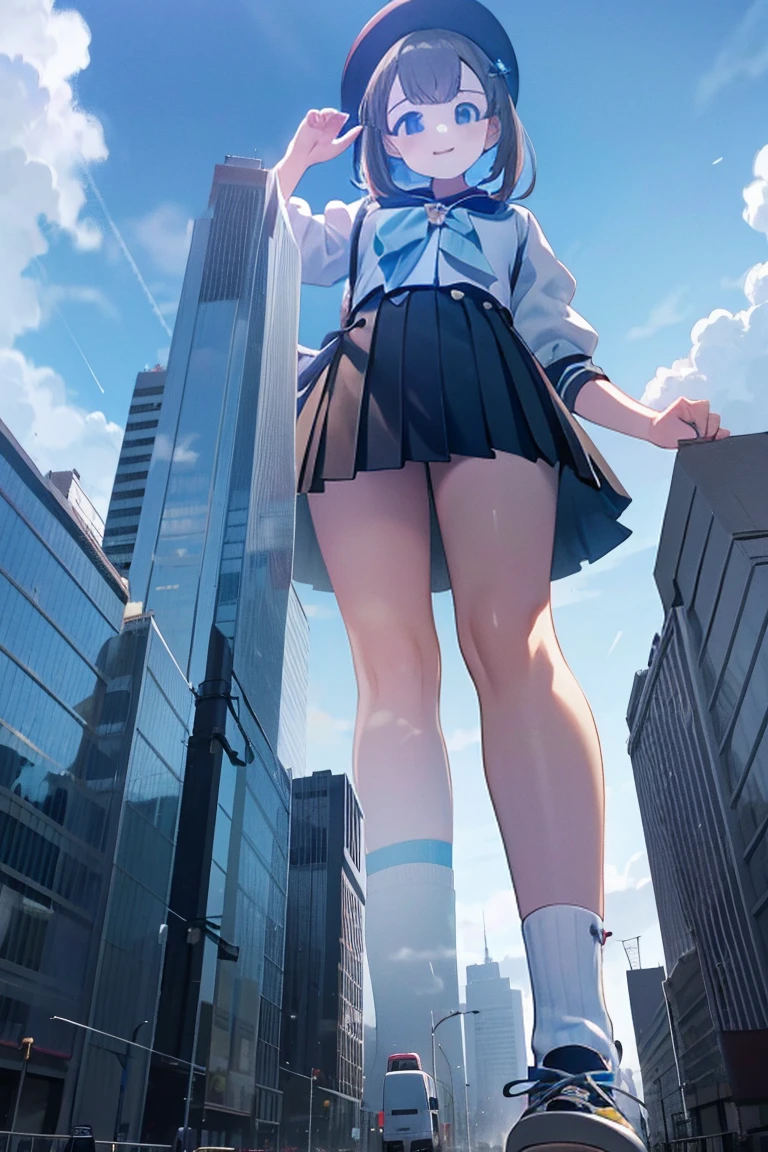 Big girl wearing sneakers，Girl taller than the building，Sailor Suit，Short skirt，White Socks，Girl raising legs high，Rubble-covered soles