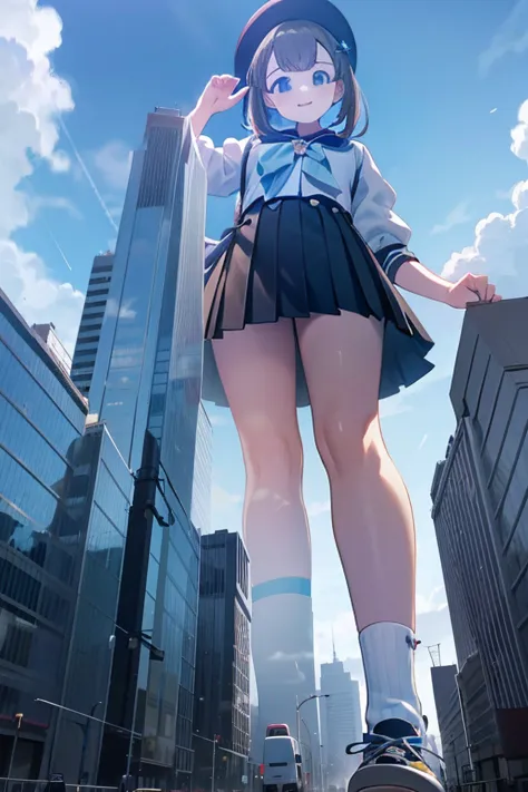 Big girl wearing sneakers，Girl taller than the building，Sailor Suit，Short skirt，White Socks，Girl raising legs high，Rubble-covere...
