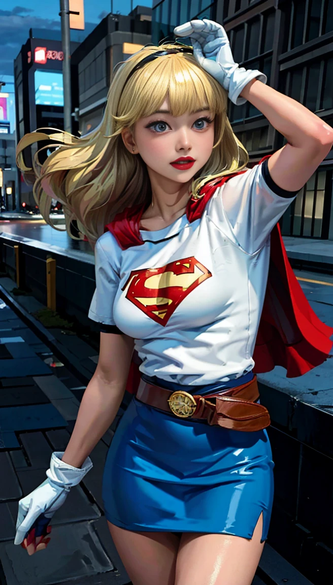 (cowboy shot), sfw, (work of art), (best qualityer:1.0), (ultra high resolution:1.0), detailedeyes, BREAK Supergirl, 1 girl, long blonde hair, mid-air, flying hair band, \(offwhite\) top cut, manga curta, layer, blue pencil skirt, mitts, BREAK boots (clouds, citys, stunning vista)