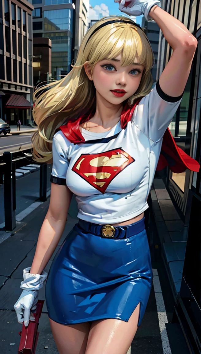 (cowboy shot), sfw, (work of art), (best qualityer:1.0), (ultra high resolution:1.0), detailedeyes, BREAK Supergirl, 1 girl, long blonde hair, mid-air, flying hair band, \(offwhite\) top cut, manga curta, layer, blue pencil skirt, mitts, BREAK boots (clouds, citys, stunning vista)