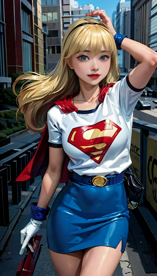 (cowboy shot), sfw, (work of art), (best qualityer:1.0), (ultra high resolution:1.0), detailedeyes, BREAK Supergirl, 1 girl, long blonde hair, mid-air, flying hair band, \(offwhite\) top cut, manga curta, layer, blue pencil skirt, mitts, BREAK boots (clouds, citys, stunning vista)