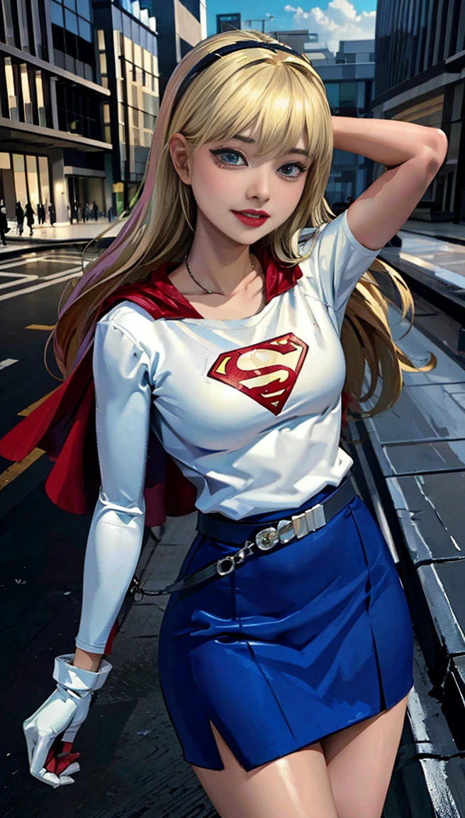 (cowboy shot), sfw, (work of art), (best qualityer:1.0), (ultra high resolution:1.0), detailedeyes, BREAK Supergirl, 1 girl, long blonde hair, mid-air, flying hair band, \(offwhite\) top cut, manga curta, layer, blue pencil skirt, mitts, BREAK boots (clouds, citys, stunning vista)