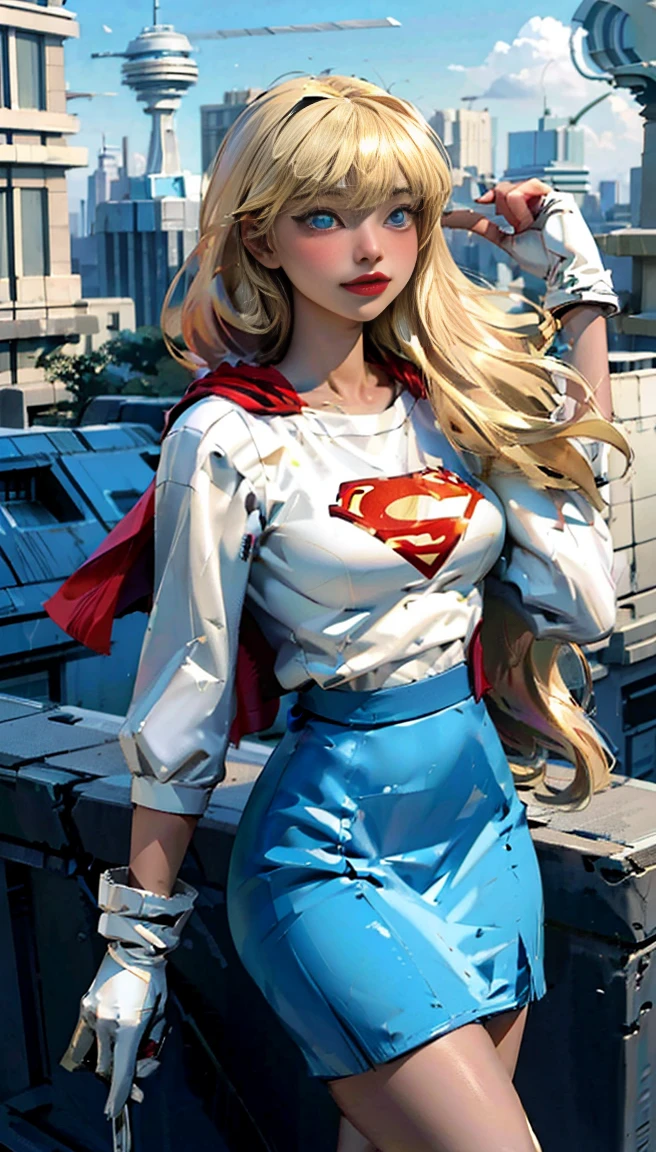 (cowboy shot), sfw, (work of art), (best qualityer:1.0), (ultra high resolution:1.0), detailedeyes, BREAK Supergirl, 1 girl, long blonde hair, mid-air, flying hair band, \(offwhite\) top cut, manga curta, layer, blue pencil skirt, mitts, BREAK boots (clouds, citys, stunning vista)