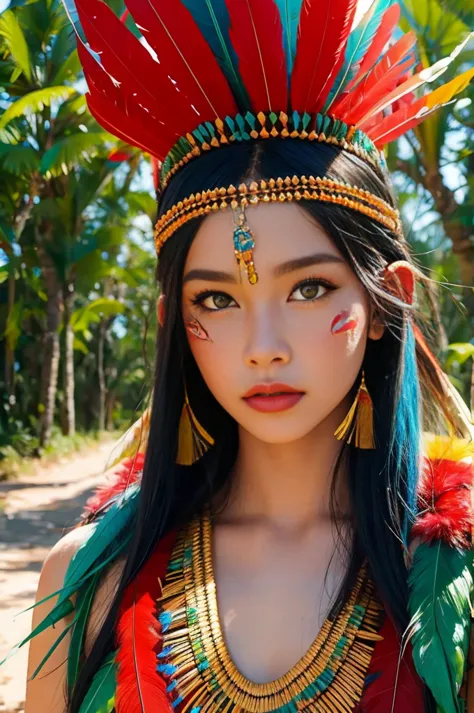 sfw. ((raw photo, best quality)), (realistic, photo-realistic:1.2). a beautiful indigenous girl in native dress with feathers an...