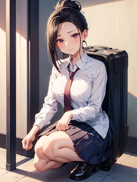 (Momo Yaoyorozu)A woman in a suit and tie is kneeling and holding a suitcase, Beautiful anime girl crouching, Anime girl crouchi...