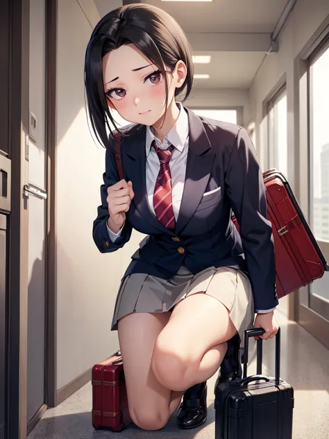 (Momo Yaoyorozu)A woman in a suit and tie is kneeling and holding a suitcase, Beautiful anime girl crouching, Anime girl crouchi...