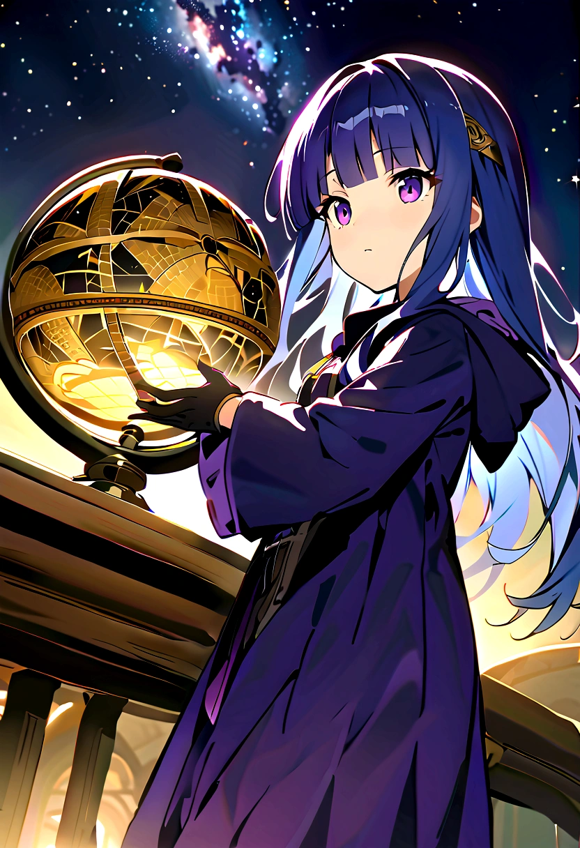 (masterpiece, Highest quality:1.1), (占star術師), 1 Girl, alone, Blue Hair, Purple eyes, Long Hair, blunt bangs, bangs, gloves, (Hooded Robe), Circlet、witch, (Full Out Rika), Night Sky, star, observatory, Ancient, 満天のstar空, milky way, star図, Celestial globe, mysterious, 月Light, Costumes, tool, Light, Shine