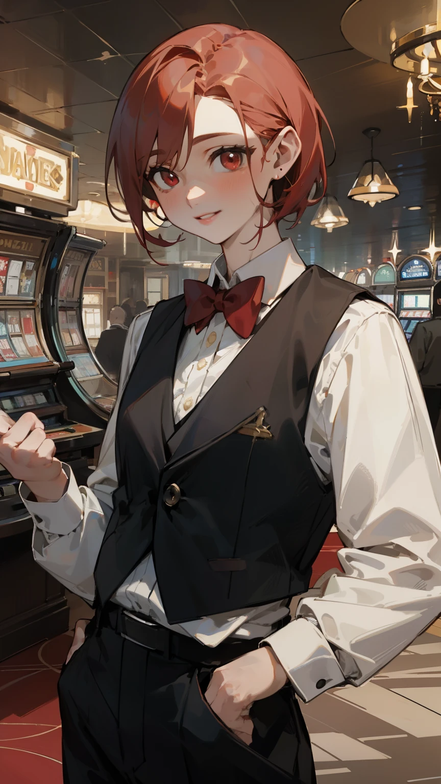 (masterpiece, best quality, super detailed, beautiful details eyes, Clean and delicate face), solo, 1 girl, Red slicked back short hair, red eyes, smile, lips apart,BREAK casino croupier, casino uniform, white long sleeve shirt ,red sparkly vest, red bowtie, black pants