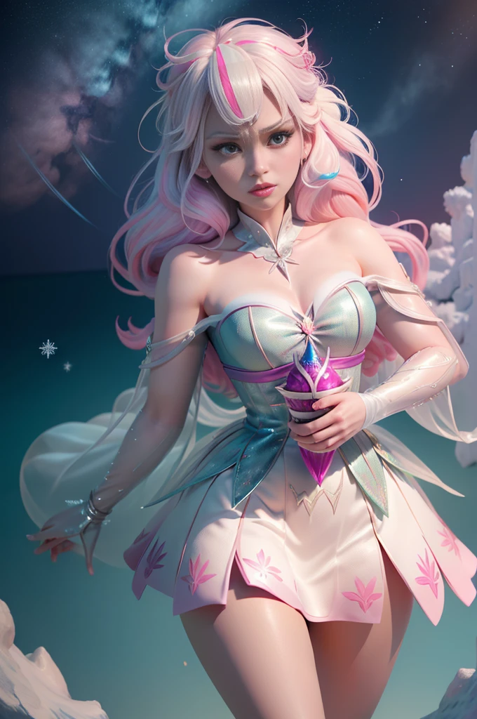 eleven (Komi-san-Elsa frozen Disney tinkerbell Disney mezclando modelos .) (ultra FUSION of white and pink hair) Highly detailed CG unity 8K wallpaper, style photo, complex, high détail, dramatic, highest quality film still image, very detailled, work of art, best qualityer, design of character, Elsa, Elsa from Frozen,