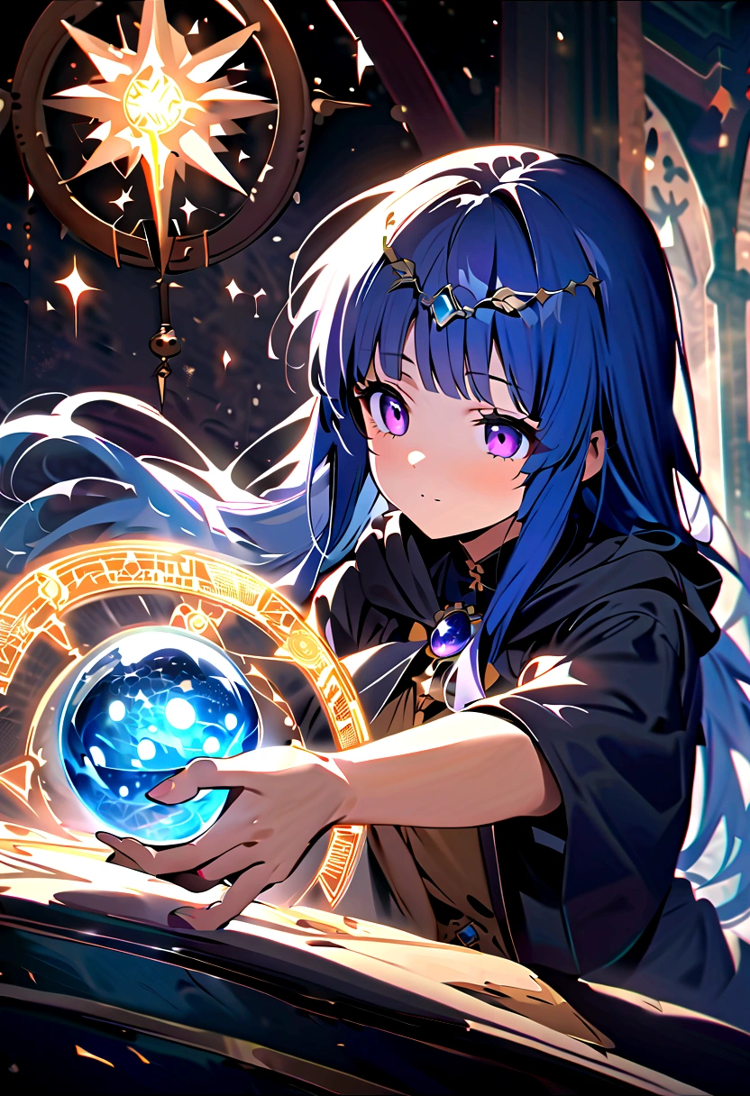 (masterpiece, Highest quality:1.1), (astrologer), 1 Girl, alone, Blue Hair, Purple eyes, Long Hair, blunt bangs, bangs, gloves, (Hooded Robe), Circlet、witch, (Full Out Rika),  (Crystal Ball), magic circle, Shining Star, meteor, universe, magical energy, Vision of the future, Prophecy,