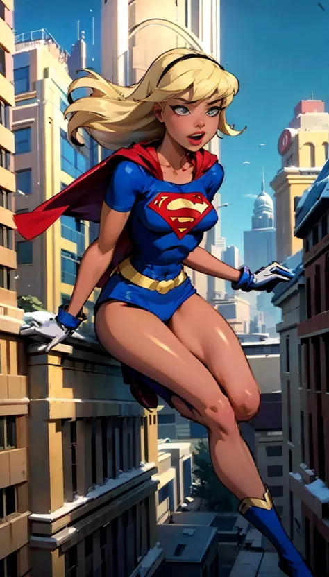 beautiful and sexy super girl flying over building sensual pose