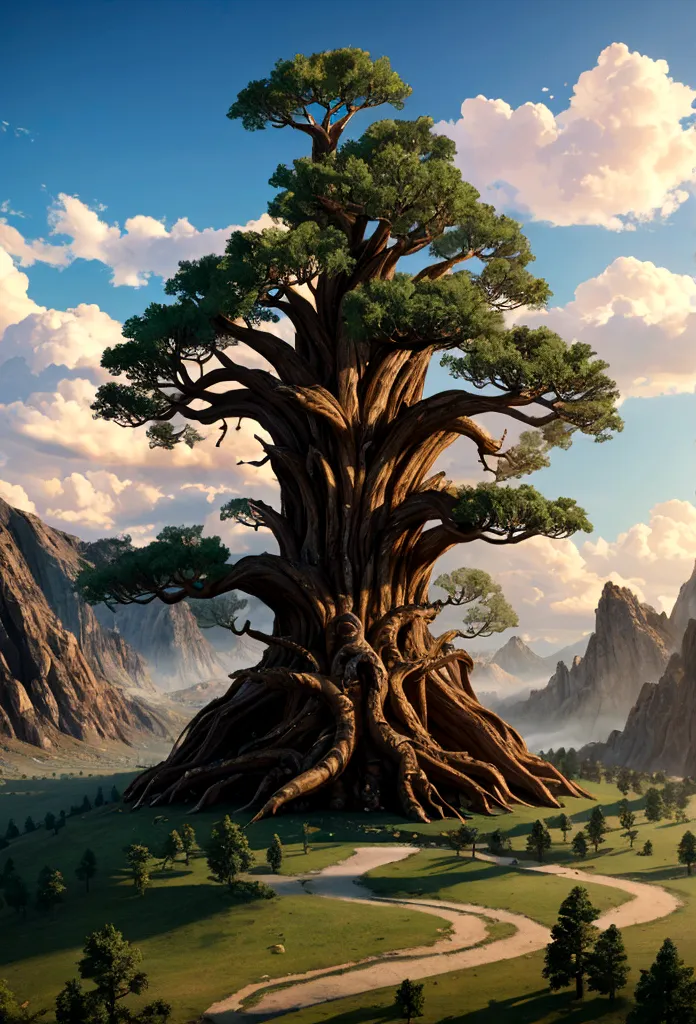 Zebaoth, giant epic fantasy tree, huge mountains, cinematic lens, wide-angle view, realistic, detailed skins, 8k, trending on ar...