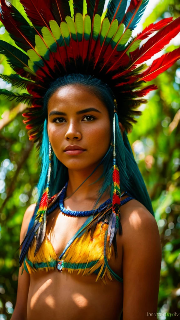 SFW. ((RAW photo, Best quality)), (Realistic, photo-realistic:1.2). A beautiful indigenous girl in native dress with feathers and feathers on her HEAD, Blue and red green macaw FEATHERS, jaguar on right. amazon indian peoples in brazil, beautiful young female brazilian Native girl, Hot body, body in good shape, very detailed face, Yanomami Indian in typical costumes,High quality. Amazonia forest Background. Cinematic lighting. 