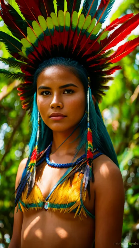 sfw. ((raw photo, best quality)), (realistic, photo-realistic:1.2). a beautiful indigenous girl in native dress with feathers an...