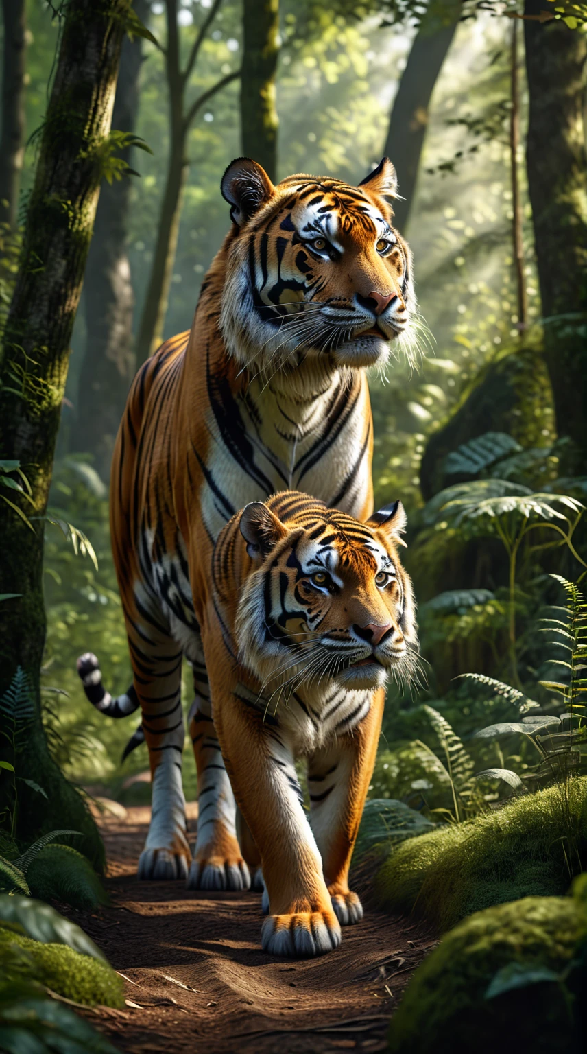 There is a wild beast in the forest，tiger shape，The tail of the cow（best quality，4K，8K，High level，masterpiece：1.2），Ultra Detailed，（lifelike，Photo real，Photo real：1.37），Highly detailed animals，Realistic lighting，Fantasy Creatures