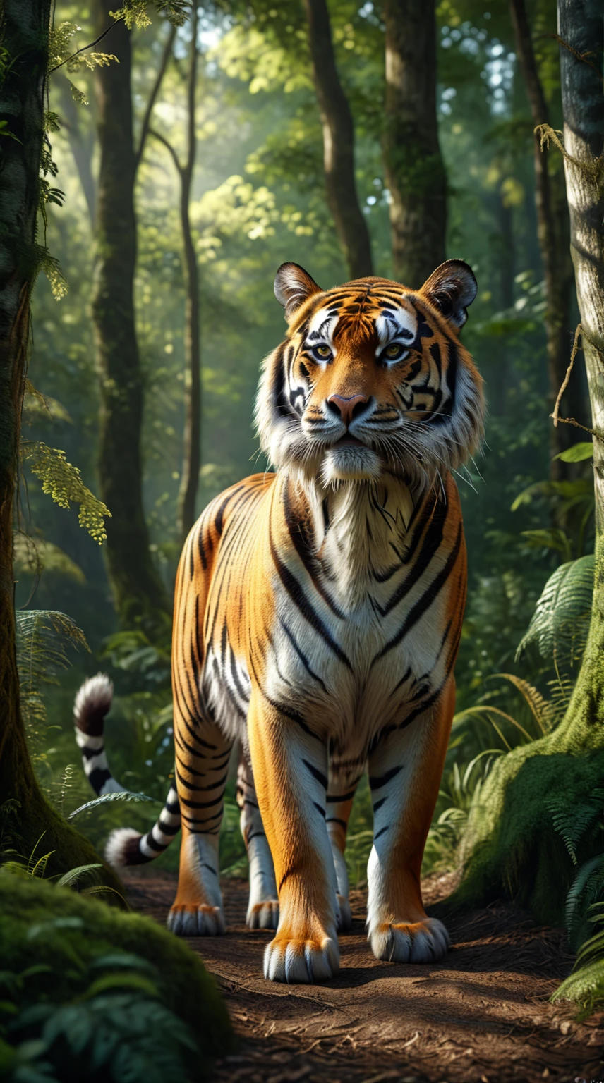 There is a wild beast in the forest，tiger shape，The tail of the cow（best quality，4K，8K，High level，masterpiece：1.2），Ultra Detailed，（lifelike，Photo real，Photo real：1.37），Highly detailed animals，Realistic lighting，Fantasy Creatures