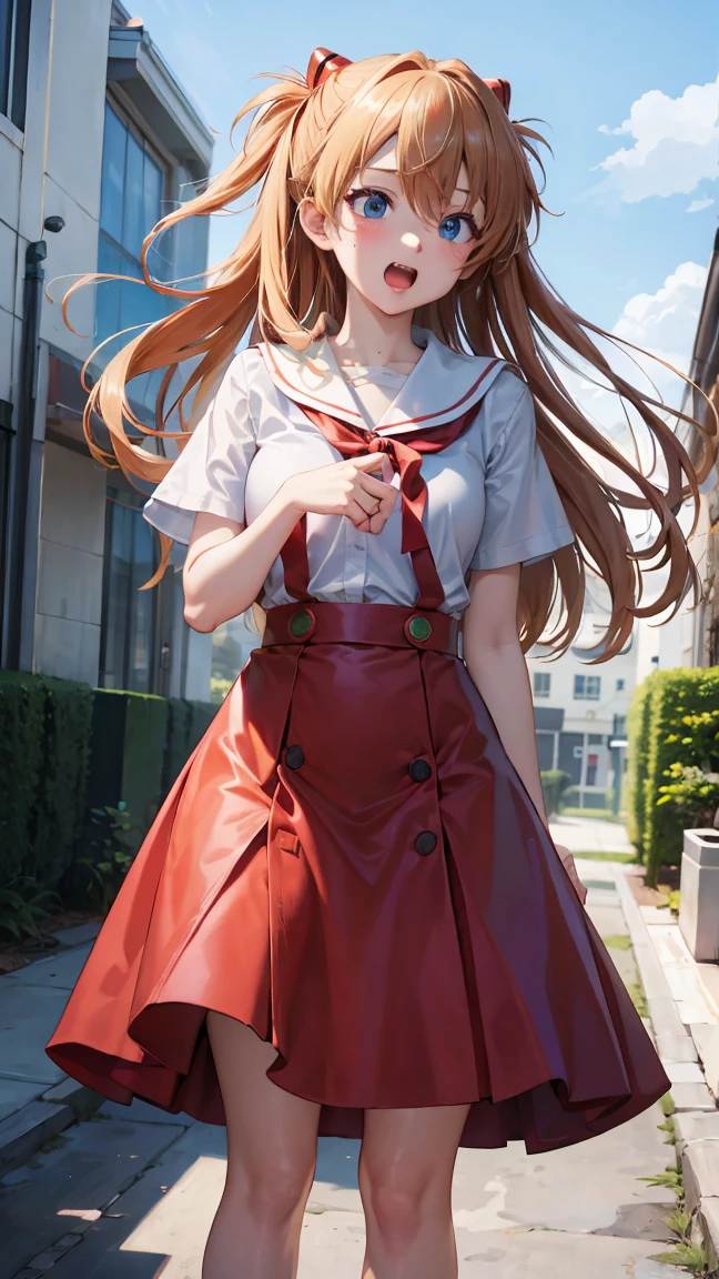 (Browsing Caution),(High resolution),(High resolution),(High resolution),(8K),Girl 1,corridor, Soryu Asuka Langley, Interface Headset、Suspender skirt、Red ribbon、White shirt、、Outdoor、Ahegao, Embarrassing, Open your mouth、Panties present、Give me your panties、holding panties、