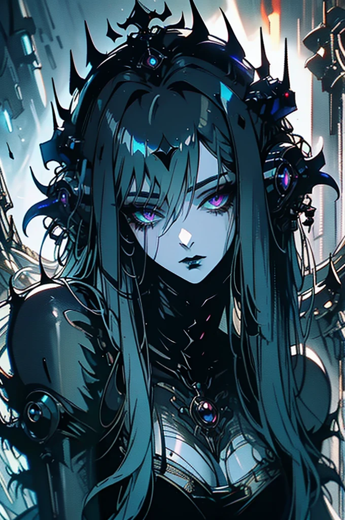 A cybernetically enhanced gothic alien girl, a masterpiece of mechanical horror looms in the shadows. This eerie creature is depicted in a hyper-realistic oil painting, capturing every intricate detail in stunning clarity. Its metallic fins glimmer with neon lights, contrasting starkly against its decaying scales. The background is a dark, polluted cityscape, adding to the ominous atmosphere of the image. The overall quality of the painting is so lifelike that it feels as if the alien could leap out of the canvas at any moment.