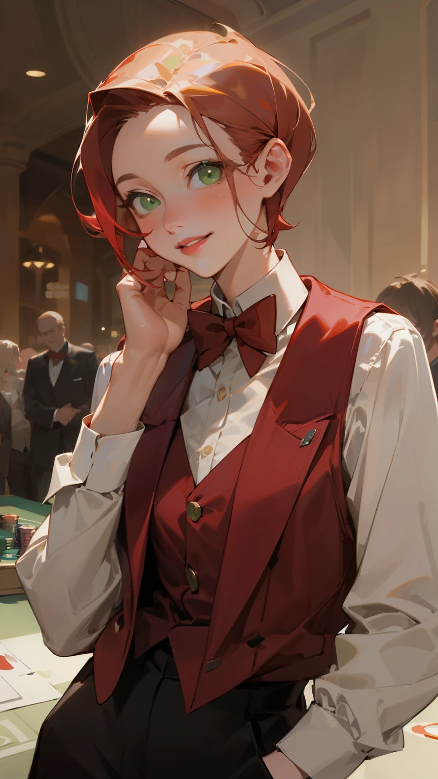 (masterpiece, best quality, super detailed, beautiful details eyes, Clean and delicate face), solo, 1 girl, Red slicked back short hair, green eyes, smile, lips apart casino croupier, casino uniform, white long sleeve shirt ,red vest, red bowtie, black pants