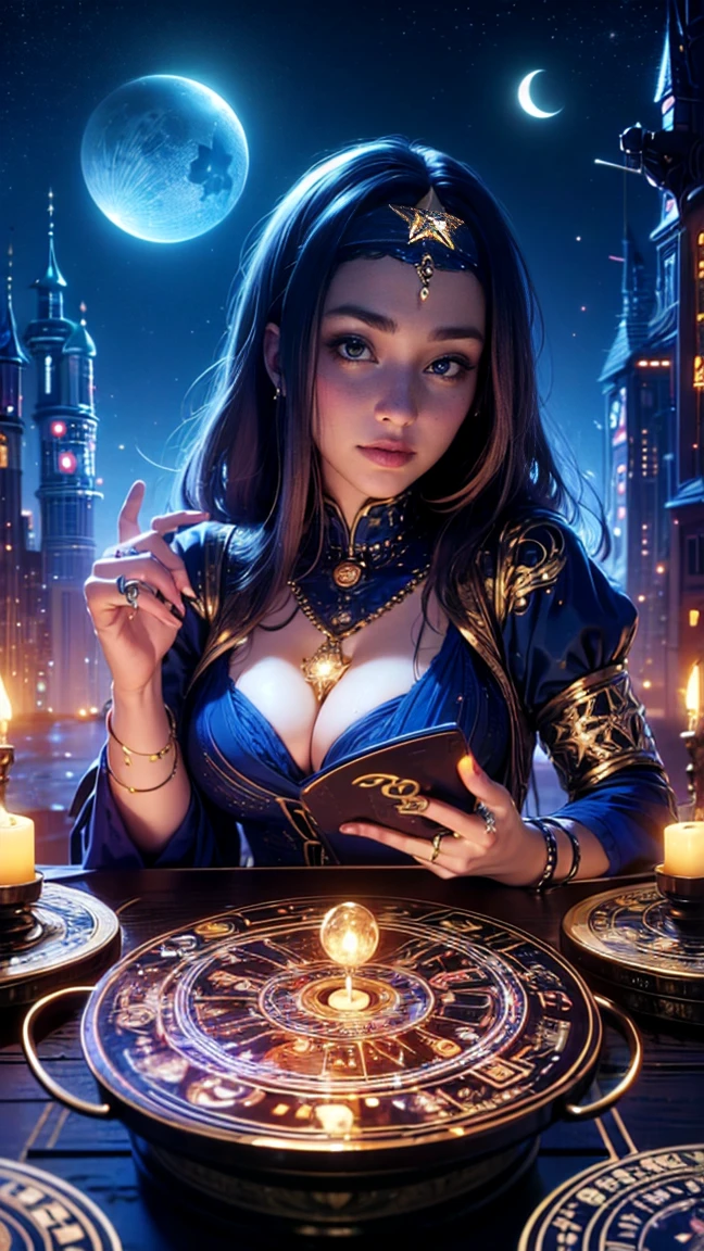 qualité supérieure, monde futur, Un robot à la pointe de la technologie, Belle femme, cheveux volants, Transformé en cyborg sauf le visage, photos sexy, photo du corps entier, ((Astrologue, anneaux de signes astrologiques sur la table, horoscope ,bougies, livre sur les signes astrologiques, bandeau étoile, colliers étoiles, flottant dans les airs, ( cercle magique géant et cercle magique d&#39;étoiles dans le ciel), emblème magique ))