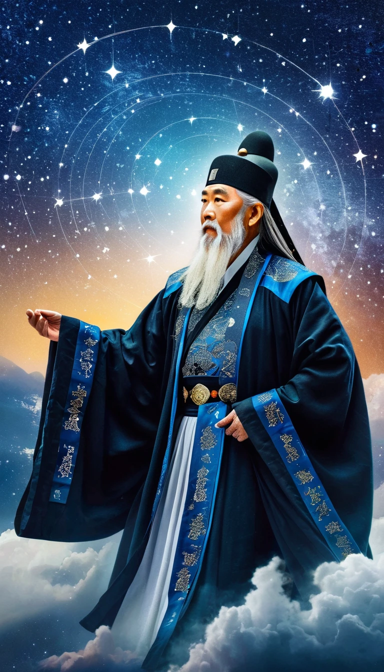 China，China，Oriental Fortune Teller，The old immortal on the top of the stars，Elders，White beard and long white eyebrows，（Wear an official hat，Kongming Hat），Black loose hanfu robe，Looking at the stars，Galaxy Tai Chi Bagua Diagram，artistic conception，large quantities of，Runes，Luminescence，Dream
