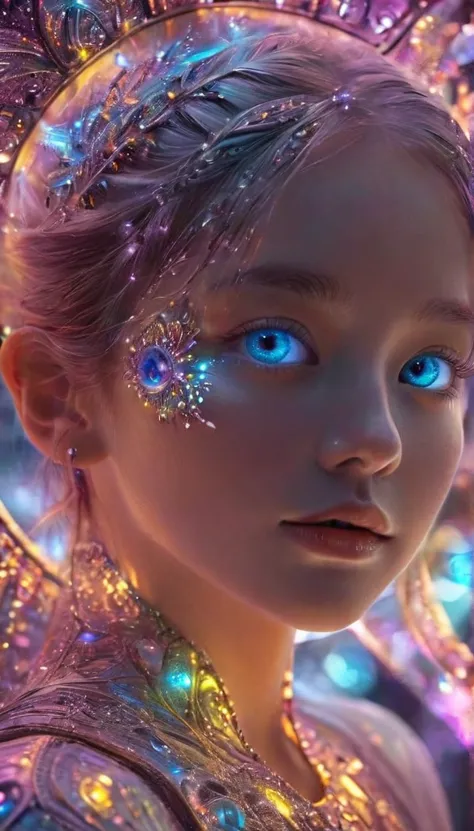 Close-up of the eyes, fractal，glowing，1girl，bling bling, veela, very fine luminous quantum dots, extraterrestrial