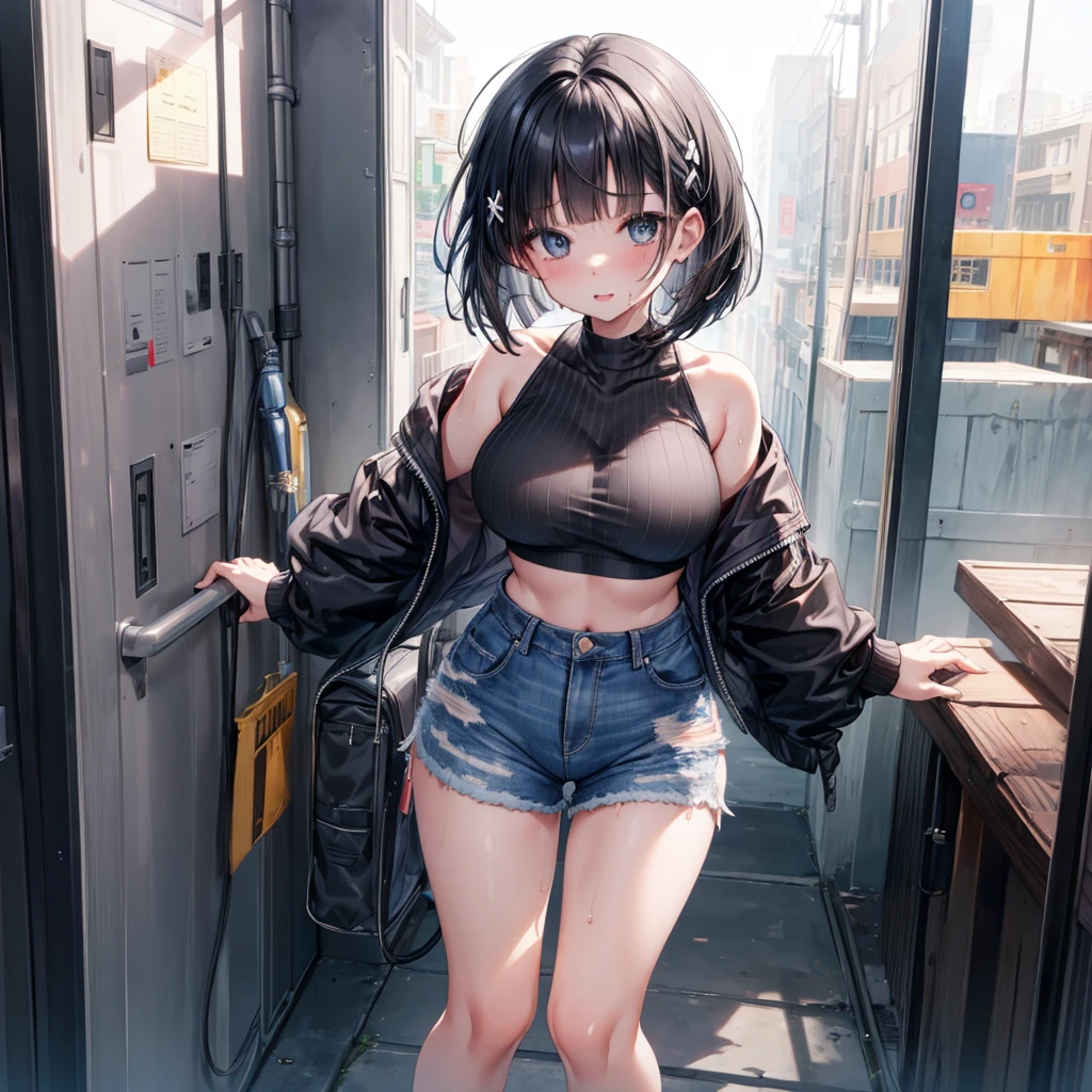 ((Highest quality)), ((masterpiece)), ((detailed)), (4K), 1girl, 独奏, black hair, bob cut, black tube top, denim shorts, leaning forward, large breasts, naughty face, looking at viewer, (from above), town, sweat