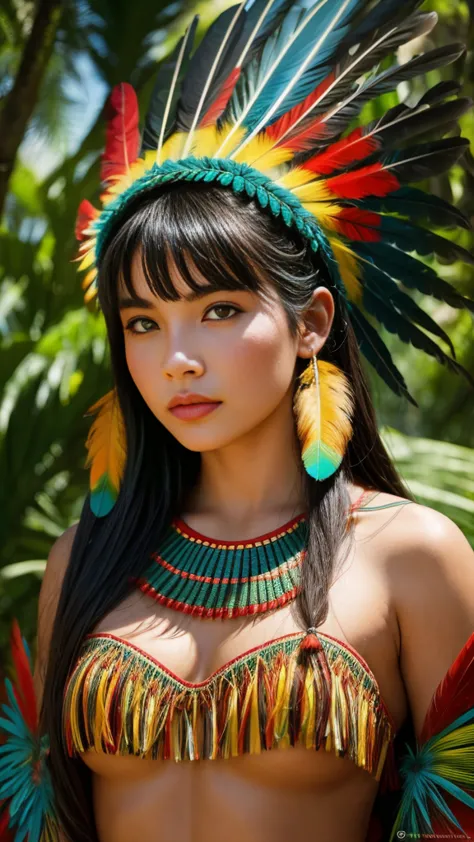 sfw. ((raw photo, best quality)), (realistic, photo-realistic:1.2). a beautiful indigenous girl in native dress with feathers an...