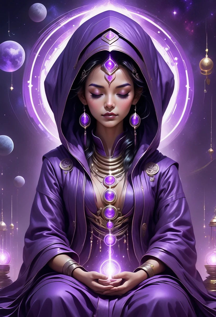 Correct anatomy: 1.5, A beautiful and sexual astrologer in a dark purple hooded robe, Meditate with your eyes closed, In the dimly lit chambers, Mechanical, Cyberpunk