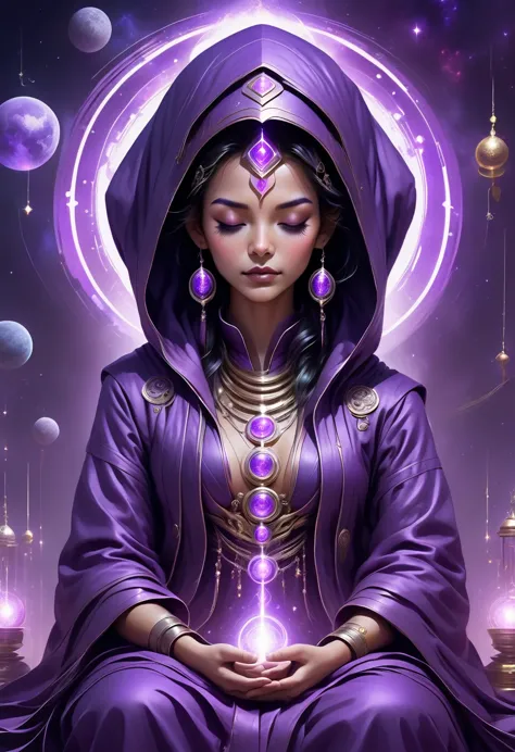 Correct anatomy: 1.5, A beautiful and sexual astrologer in a dark purple hooded robe, Meditate with your eyes closed, In the dim...