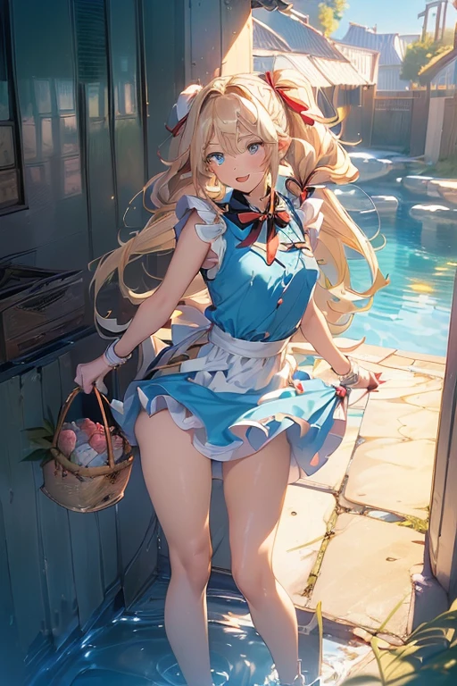 (perky chest:1.2), (pointed chest:1.2),(((Black Tunic:1.3))),(((cakes and bread in the basket),Cute and beautiful girl,Cute round face,Cute smile,with blush cheeks,Red Lip,a girl 2, nsfw:1.2, beautiful body:1.3), shinny skin, BREAK, ((alice in the wonderland:1.3, cute, kawaii, lovely, funny, a girl falling down from sky:1.3, girl flying in sky:1.2, girl floating in air:1.3, rolling upskirt by wind:1.5, (with sparkling eyes and a contagious smile),open mouth, Looking at Viewer, surprised, putting hands on crotch over the skirts:1.35)), BREAK, ((floating things as follows:1.3, PlayingCards, Trump, tea cup, tea pot, tea spoons, pocket watch:1.3, lip sticks, candies:1.2, cookies, jam bottles, classical door_keys)), ((long purply_Blue dress :1.5, wearing long flaired skirt:1.3, the skirt is blowing:1.3, cute White Apron, black stockingedium long platinum-blonde hair:1.2, twin tail hair:1.6, tied hair with a large ribbon), (Blue eyes, bright pupils with highlights, detailed eyes), (lying down on your back:0.7, spreading legs with rising up straight:0.7), sexy posture, fantastic colorful art, (fantasy art:1.2, wondered images), ((correct anatomy:1.5, perfect anatomy:1.3, correct hand, small foot:1.2)),
