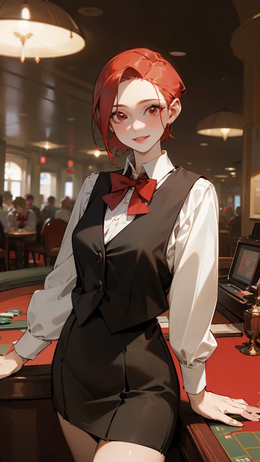 (obra maestra, mejor calidad, Súper detallado, hermosos detalles ojos, Rostro limpio y delicado), solo, 1 chica, Pelo corto rojo peinado hacia atrás, ojos rojos, sonrisa, labios separados, casino croupier, casino uniform, Camisa blanca de manga larga ,chaleco rojo, pajarita roja, falda negra, hermético