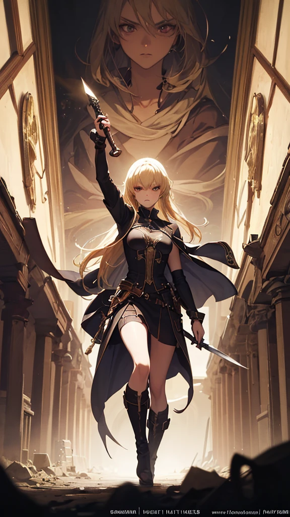 (masterpiece, 4K ,Super detailed:1.2), (anime:1), (Perfect quality), The whole body is shown, View Viewer, Holding a sword, Desperate look, Ultra violent women, Blonde, Powerfully々And, RPG concept art character, Elegant appearance