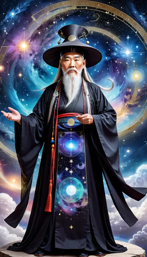 china，china，oriental fortune teller，the old immortal on the top of the stars，elders，white beard and long white eyebrows，（wear an...