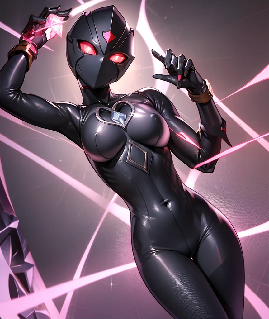 Ultraman Woman, Cover his true face with a black mask, Female Solo, Alien eyes shine。The whole body is covered with a black bodysuit, One female protagonist, Pink lines color the whole body beautifully..., Crystal shining on the head。The chest has a radiant core, Dark background,