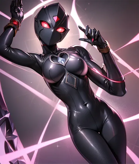 ultraman woman, cover his true face with a black mask, female solo, alien eyes shine。the whole body is covered with a black body...