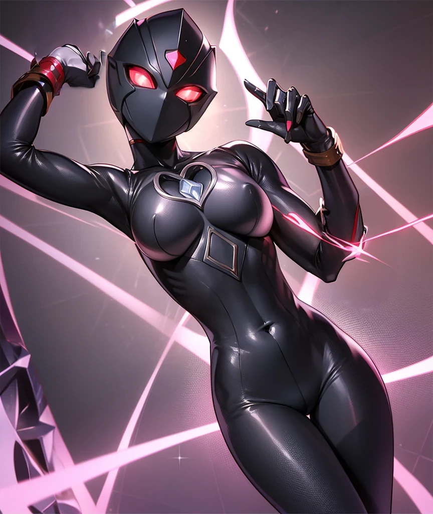 Ultraman Woman, Cover his true face with a black mask, Female Solo, Alien eyes shine。The whole body is covered with a black bodysuit, One female protagonist, Pink lines color the whole body beautifully..., Crystal shining on the head。The chest has a radiant core, Dark background,