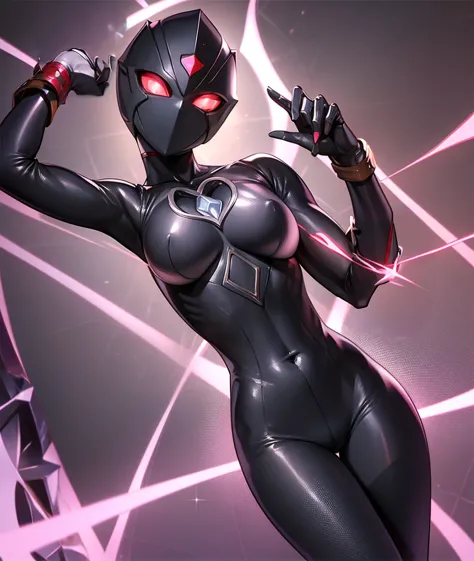 ultraman woman, cover his true face with a black mask, female solo, alien eyes shine。the whole body is covered with a black body...