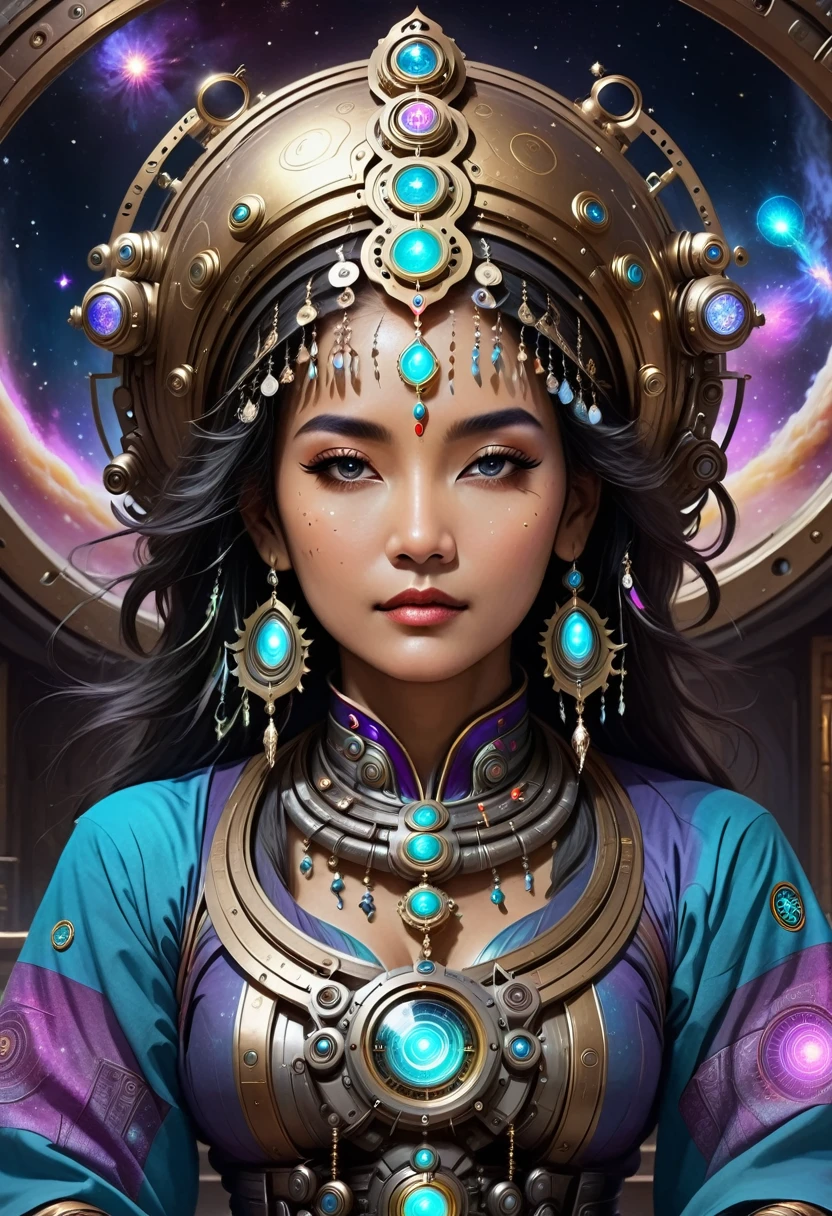 Ethnic costumes，Beautiful Astrologer, Meditate with your eyes closed, In the dimly lit chambers, Mechanical, Mechanical gears，Whirlpool Galaxy，Cyberpunk