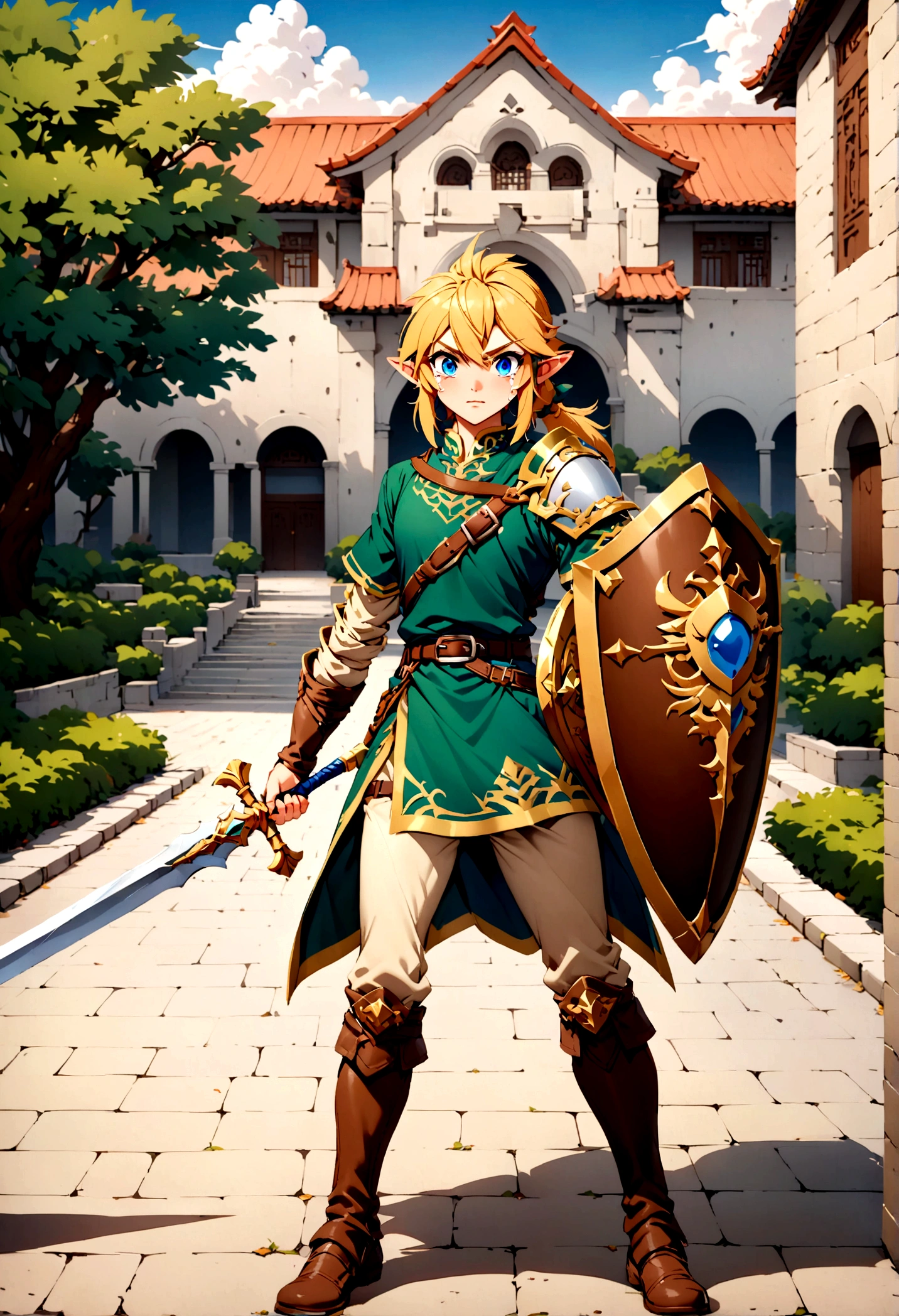 Link from Zelda tears of the Kingdom holding his sword and shield, standing in a Chinese college campus