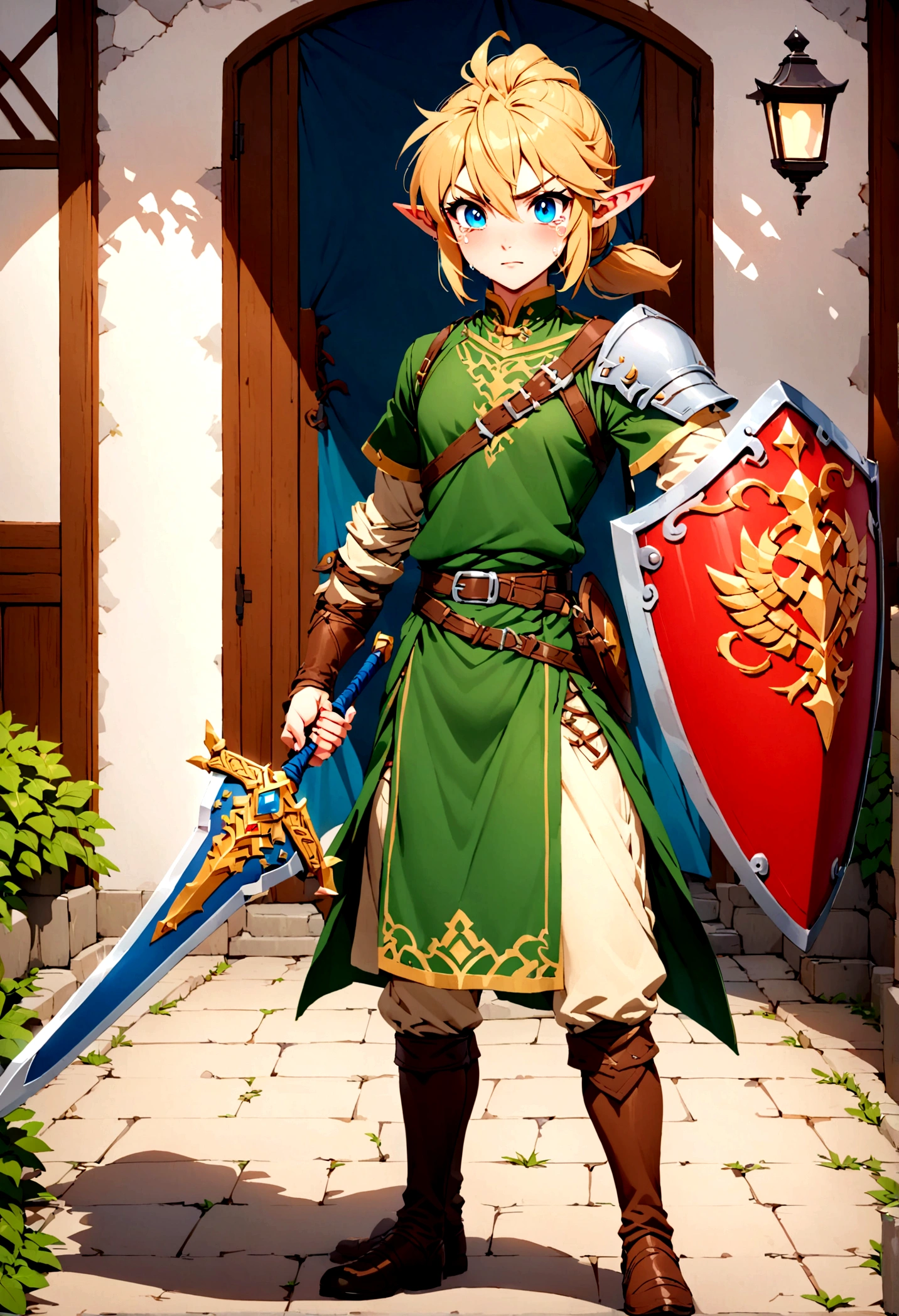 Lien de Zelda Tears of the Kingdom tenant son épée et son bouclier, debout sur un campus universitaire chinois