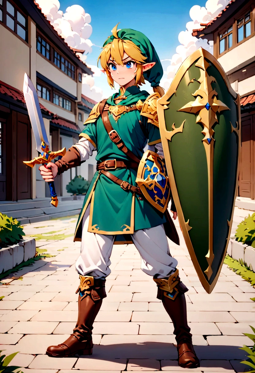 Link from Zelda tears of the Kingdom holding his sword and shield, standing in a Chinese college campus